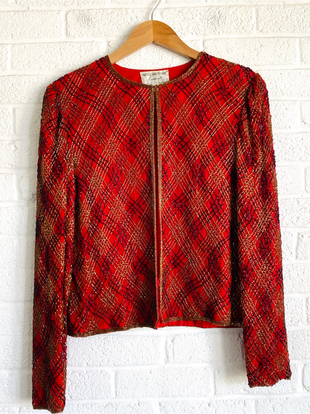 Papell Boutique Evening Silk Red Beaded Trophy Cocktail Jacket Blazer Small 80’s